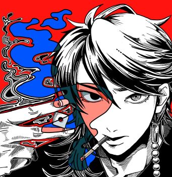1boy adam's_apple ahoge arisugawa_dice asymmetrical_hair black_eyes blue_hair cigarette collarbone crosshatching cutout_eyelashes dice fingernails furrowed_brow gachimask hair_between_eyes hair_ornament hair_over_shoulder hatching_(texture) highres holding holding_dice hypnosis_mic linear_hatching looking_at_viewer male_focus medium_hair mouth_hold outline parted_bangs partially_colored portrait red_background revealing_layer simple_background smoke smoking solo v v-shaped_eyebrows white_outline