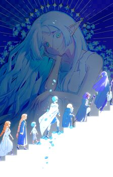 3boys 5girls age_progression bald beard black_boots blue_flower blue_robe boots braid braided_ponytail cape child closed_mouth commentary_request dress dual_persona elf facial_hair falling_flower fern_(sousou_no_frieren) flamme_(sousou_no_frieren) flower frieren hair_ribbon head_rest highres himmel_(sousou_no_frieren) holding holding_staff looking_at_viewer maodou_buzhisuocuo multiple_boys multiple_girls multiple_persona nemophila_(flower) old old_man on_stairs orange_hair pointy_ears purple_hair red_ribbon ribbon robe single_braid sousou_no_frieren staff white_background white_dress