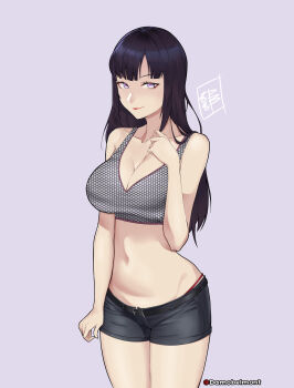 1girl absurdres bare_shoulders belt black_belt black_hair black_shorts breasts bustier cleavage collarbone cowboy_shot damobelmont fishnets grey_background highres hyuuga_hinata large_breasts long_hair looking_at_viewer lowleg lowleg_shorts naruto:_road_to_ninja naruto_(series) naruto_shippuuden navel no_pupils panties purple_eyes red_lips red_panties short_shorts shorts smile smirk solo stomach underwear