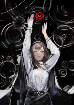 Rule 34 | 1girl, absurdres, arknights, belt, black background, black hair, black hairband, black ribbon, brown hair, circle, closed mouth, coat, coat on shoulders, diamond (shape), hair ornament, hairband, hands up, headband, highres, karaage-senpai, long hair, long sleeves, looking up, medium hair, priestess (arknights), reaching, ribbon, shirt, simple background, skirt, smile, solo, sweater, symbol-shaped pupils, turtleneck, white coat, white sweater, wrinkled fabric