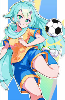 1girl ^^^ ahoge blue_shorts blue_socks breasts collar green_eyes hair_around_neck hair_ornament hairclip highres inazuma_eleven inazuma_eleven_(series) inazuma_eleven_go inazuma_eleven_go_chrono_stone kneehighs light_blush lightning_bolt_symbol long_hair manto_(inazuma_eleven) medium_breasts omochishiki open_mouth parted_lips ponytail raimon raimon_soccer_uniform shirt shoelaces shoes short_sleeves shorts soccer soccer_uniform socks solo sportswear tareme telstar tsurime very_long_hair white_collar white_shoes yellow_shirt