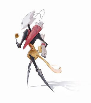 1girl absurdres antennae arthropod_girl artist_name bag ben-day_dots black_eyes chinese_commentary commentary_request film_grain from_behind from_side full_body highres hightguy hollow_knight hollow_knight:_silksong red_bag screentones scroll shadow shakra_(hollow_knight) shoulder_bag simple_background solo standing walking white_background