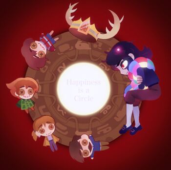 1boy abaddon_(haunted_hotel) ben_freeling black_hair blanket character_doll commentary crown doll english_commentary english_text esther_freeling fake_horns full_body haunted_hotel horned_headwear horns jswh66 katherine_freeling long_hair male_focus nathan_freeling quilt red_background red_eyes solo