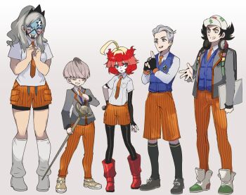 Rule 34 | 2girls, 3boys, ahoge, alternate costume, atticus (pokemon), baseball cap, black hair, blonde hair, boots, cane, eri (pokemon), facepaint, fingerless gloves, giacomo (pokemon), gloves, gradient background, grey hair, hat, headphones, headphones around neck, mela (pokemon), multicolored hair, multiple boys, multiple girls, naranja academy school uniform, narita imomushi, necktie, nintendo, one eye closed, ortega (pokemon), pokemon, pokemon sv, red hair, school uniform, shorts, two-tone hair
