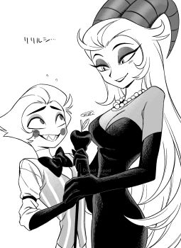 Rule 34 | 1boy, 1girl, :d, absurdres, apple, bow, bowtie, breasts, circle facial mark, cleavage, commentary request, cowboy shot, curled horns, dress, elbow gloves, eyeshadow, facial mark, flying sweatdrops, food, fruit, gloves, greyscale, grin, hair slicked back, hatching (texture), hazbin hotel, height difference, hellaverse, highres, holding, holding staff, horns, husband and wife, jewelry, large breasts, leaf, lilith (hazbin hotel), long hair, lucifer morningstar (hazbin hotel), makeup, menma (enaic31), monochrome, necklace, open mouth, pearl necklace, raised inner eyebrows, see-through clothes, see-through shirt, sharp teeth, shirt, short hair, signature, simple background, skinny, smile, staff, standing, strapless, strapless dress, striped clothes, striped vest, sweatdrop, tall female, teeth, traditional bowtie, translation request, tsurime, twitter username, vertical-striped clothes, vertical-striped vest, very long hair, very short hair, vest, watermark, white background