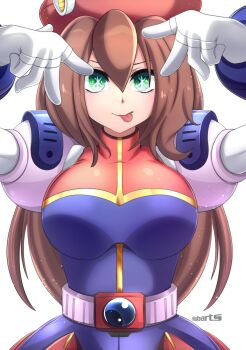 1girl :p absurdres android arms_up artist_name axasempai belt breasts brown_hair commentary double_v facing_viewer gloves green_eyes highres iris_(mega_man) large_breasts long_hair mega_man_(series) mega_man_x_(series) mega_man_x_dive oshi_no_ko simple_background solo star-shaped_pupils star_(symbol) symbol-shaped_pupils tongue tongue_out upper_body v v_over_eye white_background white_gloves