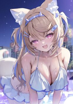 1girl absurdres animal_ear_fluff animal_ears bandaid bandaid_hair_ornament bikini blonde_hair blue_hairband blue_streaks breasts city commentary_request dog_ears dog_girl dog_tail fake_horns fuwawa_abyssgard hair_ornament hairband highres hololive hololive_english horn_hairband horns large_breasts long_hair looking_at_viewer multicolored_hair navel night open_mouth outdoors pink_eyes pool saka_mikatsuki solo streaked_hair swimsuit tail two_side_up virtual_youtuber wet white_bikini