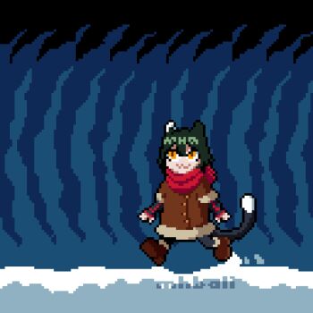 1girl :3 animal_ears animated animated_gif arm_guards arms_at_sides artist_name black_pants blue_background boots brown_boots cat_ears cat_girl cat_tail chibi coat commentary dungeon_meshi full_body green_hair izutsumi looking_ahead mismatched_animal_ear_colors mohammed_bali orange_eyes pants pixel_art red_scarf scarf short_hair short_sleeves smile snow solo tail walking winter_clothes winter_coat
