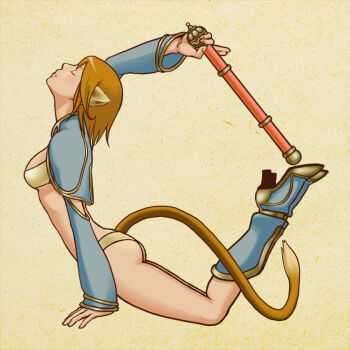 Rule 34 | 1girl, alphabet, animal ears, bad id, bad pixiv id, bikini, bikini top only, brown hair, closed eyes, female focus, genderswap, genderswap (mtf), journey to the west, letter pose, monkey ears, monkey tail, panties, polearm, short hair, solo, staff, sun wukong, swimsuit, tail, underwear, weapon, yuuhei