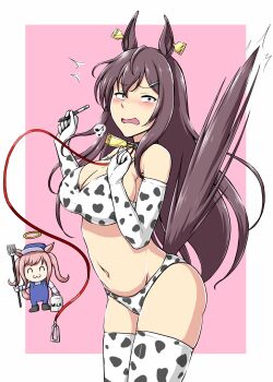 Rule 34 | 2girls, :3, agnes digital (umamusume), alternate costume, animal ears, animal print, bell, bikini, black hair, breasts, commentary request, cow print, cow print bikini, deno (denomina0), groin, hair between eyes, hair ornament, halo, highres, horse ears, horse girl, horse tail, long hair, looking at viewer, medium breasts, mejiro dober (umamusume), milk, multiple girls, navel, neck bell, pen, pink hair, print bikini, purple eyes, surprised, swimsuit, tail, textless version, thighhighs, umamusume