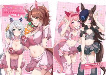 4girls absurdres ahoge animal_ears bent_over blue_flower blue_hat blue_rose blush bow breasts brown_eyes brown_hair checkered_ribbon cleavage clothing_cutout collarbone commentary_request crepe cropped_shirt dantsu_flame_(umamusume) ear_bow ear_covers ear_ornament ear_ribbon flipped_hair flower flower-shaped_pupils flower_in_eye food grey_hair grey_skirt hair_between_eyes hair_ornament hair_over_one_eye hairband haru_urara_(umamusume) hat hat_flower headband highres hishi_miracle_(umamusume) holding holding_crepe holding_food horse_ears horse_girl horse_tail kibihimi large_breasts layered_skirt long_hair looking_at_viewer loose_socks medium_breasts medium_hair meni_shuki_rush-sshu! midriff multicolored_hair multiple_girls navel open_mouth parted_lips pink_eyes pink_hair pink_headband pink_shirt pink_skirt pink_socks ponytail purple_eyes red_headband rice_shower_(umamusume) rose shirt shoulder_cutout simple_background skirt small_breasts smile socks standing symbol-shaped_pupils symbol_in_eye tail thighs tilted_headwear umamusume white_hair
