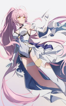 Rule 34 | 1girl, absurdres, aemeath (wuthering waves), bare shoulders, breasts, commentary request, du xi abc, elbow gloves, gloves, highres, holding, holding paper airplane, leotard, long hair, looking to the side, medium breasts, orange eyes, paper airplane, parted lips, pink hair, ponytail, showgirl skirt, skirt, smile, solo, thighs, turning head, very long hair, white gloves, white leotard, white skirt, wuthering waves