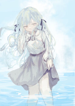 1girl absurdres bang_dream! bang_dream!_it&#039;s_mygo!!!!! black_ribbon blue_hair closed_mouth commentary grey_skirt hair_ribbon highres latte_bf long_hair long_sleeves ribbon shirt skirt skirt_hold solo togawa_sakiko wading white_shirt yellow_eyes