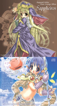 2000s_(style) 2003 2girls :3 album_cover back_cover black_thighhighs blonde_hair blue_hair blue_sky book breasts brown_capelet brown_eyes brown_skirt capelet cleavage cloud coat commentary_request copyright_notice cover cowboy_shot dress fingerless_gloves gloves holding holding_book holding_staff list long_hair looking_at_viewer midriff multiple_girls navel open_mouth pointy_ears poring priest_(ragnarok_online) purple_coat purple_dress purple_eyes purple_gloves ragnarok_online sage_(ragnarok_online) salamander_(hop-step) short_hair side_slit skirt sky slime_(creature) smile staff thighhighs upper_body very_long_hair