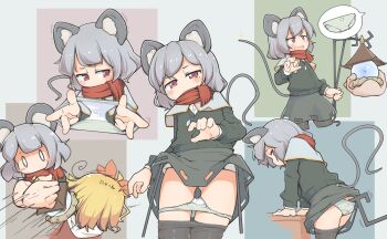 1other 2girls animal_ears ass bad_id bad_twitter_id bishamonten's_pagoda black_legwear black_skirt black_sweater blonde_hair blush capelet clothes_pull convenient_censoring covered_mouth dowsing_rod embarrassed gluteal_fold grey_hair grey_panties highres hitting holding holding_unworn_clothes holding_panties holding_underwear holding_unworn_clothes leaning_forward mouse_ears mouse_girl mouse_tail multiple_girls nazrin open_mouth panties panty_pull pantyhose pantyhose_pull presenting_removed_panties pulling_another's_clothes red_eyes red_scarf scarf short_hair skirt spoken_panties sweater tail tears thigh_gap thighs toramaru_shou touhou turnip_kabura underwear unworn_panties white_capelet white_panties