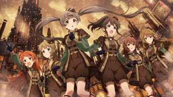 6+girls ahoge belt blue_eyes brown_eyes brown_hair building buttons clock clock_tower coat game_cg gloves hagiwara_yukiho hakozaki_serika hat idolmaster idolmaster_million_live! idolmaster_million_live!_theater_days mini_hat multiple_girls necktie official_art ogami_tamaki open_mouth orange_eyes orange_hair pointing ponytail satake_minako shorts smoke suou_momoko tokoro_megumi tower twintails window