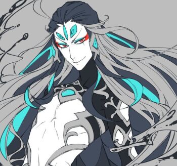 Rule 34 | 1boy, bare pectorals, black hair, blue eyeliner, closed mouth, commentary request, eyeliner, fate/grand order, fate (series), kokujin youhei, long hair, looking at viewer, makeup, male focus, pectorals, red eyeliner, red eyes, shi huang di (fate), smile, solo, upper body, very long hair