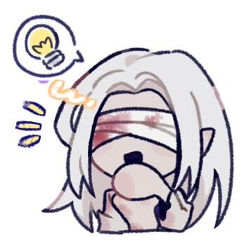 Rule 34 | 1boy, bandages, bandages over eyes, blood, bloody bandages, blueskyuup, chibi, commentary request, grey hair, homicipher, korean commentary, light bulb, long hair, male focus, mr. silvair, notice lines, pointy ears, simple background, solo, spoken light bulb, upper body, white background