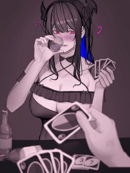 Rule 34 | 1girl, ?, absurdres, asymmetrical horns, bare shoulders, blue hair, blurry, blurry foreground, bottle, breasts, cleavage, commentary, cup, dress, drunk, highres, holding, holding cup, hololive, hololive english, horns, large breasts, leotard, long hair, mole, mole under eye, monochrome, multicolored hair, nerissa ravencroft, pov, red eyes, soju ice, solo focus, spot color, strapless, strapless leotard, two-tone hair, uneven horns, uno (game), virtual youtuber