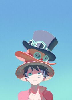 1boy 4pimh black_hair black_hat facial_scar goggles gradient_background hat highres looking_up male_focus monkey_d._luffy one_piece open_clothes open_shirt red_shirt scar scar_on_cheek scar_on_chest scar_on_face shirt short_hair solo straw_hat top_hat upper_body