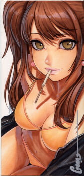 1girl arm_behind_back bad_link bikini black_jacket breasts brown_eyes brown_hair cleavage commentary earrings english_commentary food food_in_mouth highres jacket jewelry kujikawa_rise lipgloss long_hair looking_at_viewer marker_(medium) medium_breasts omar_dogan open_clothes open_jacket orange_bikini persona persona_4 pink_lips pocky pocky_in_mouth solo spaghetti_strap sphere_earrings strap_gap swept_bangs swimsuit thigh_gap traditional_media twintails