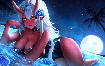 Rule 34 | 1girl, absurdres, akumi (yoclesh), artist name, black choker, black one-piece swimsuit, blue flower, blue rose, breasts, choker, cleavage, colored skin, covered navel, facial scar, fingernails, flower, flower on liquid, full moon, hair flower, hair ornament, highres, horns, indie virtual youtuber, large breasts, long hair, moon, one-piece swimsuit, oni, palm tree, pointy ears, red skin, rose, scar, scar on cheek, scar on chest, scar on face, sharp fingernails, shooting star, sky, solo, star (sky), starry sky, swimsuit, tree, virtual youtuber, wet, white hair, wisht0, yellow eyes