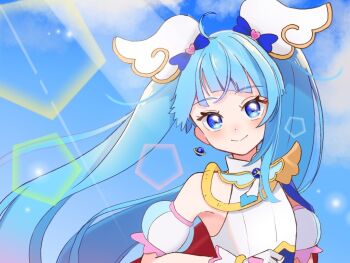 1girl ahoge artistic_error asymmetrical_bangs blue_cape blue_dress blue_eyes blue_hair blue_sky blush brooch cape closed_mouth cloud cloudy_sky commentary cure_sky cut_bangs day detached_sleeves diagonal_bangs dress earrings fingerless_gloves floating_hair gloves gradient_hair hair_ornament hikota. hirogaru_sky!_precure jewelry long_hair looking_at_viewer magical_girl multicolored_dress multicolored_hair outdoors pink_hair precure puffy_detached_sleeves puffy_sleeves red_cape single_bare_shoulder single_earring single_sidelock sky sleeveless sleeveless_dress smile solo sora_harewataru sphere_earrings twintails two-sided_cape two-sided_fabric two-tone_dress two-tone_hair upper_body very_long_hair white_dress white_gloves wing_brooch wing_hair_ornament