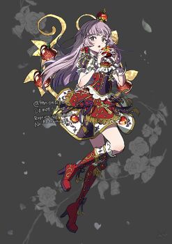 Rule 34 | 1girl, aikatsu!, aikatsu! (series), apple, blunt bangs, boots, commentary request, crown, floral background, flower, food, fruit, full body, grey background, hands up, high heel boots, high heels, highres, hikami sumire, idol clothes, long hair, looking at viewer, open mouth, puffy short sleeves, puffy sleeves, purple eyes, purple hair, red boots, red shirt, red skirt, ribbon, rose, shichiko (kerori), shirt, short sleeves, skirt, solo, standing, standing on one leg, wrist cuffs