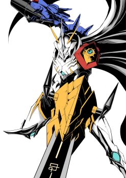 Rule 34 | arm blade, arm cannon, blue eyes, cape, digimoji, digimon, digimon (creature), eve7d6, highres, mecha, omegamon, omegamon x-antibody, robot, simple background, solo, sword, weapon, white background, white cape