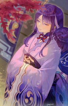 Rule 34 | 1boy, 1girl, absurdres, adapted costume, alternate costume, artist name, belt, blue cape, blunt bangs, blunt ends, cape, clothing cutout, door, eyeliner, eyeshadow, floor, genshin impact, hair between eyes, hair intakes, head on another's back, head on another's shoulder, highres, hug, hug from behind, japanese clothes, kimono, light smile, long hair, long sidelocks, long sleeves, lowered eyelids, makeup, maple tree, mitsudomoe (shape), mother and son, multicolored hair, obi, parted bangs, purple belt, purple eyes, purple hair, purple kimono, purple rope, raiden shogun, red eyeliner, red eyeshadow, rope, sash, scaramouche (genshin impact), sidelocks, streaked hair, string, thigh cutout, tomoe (symbol), tree, wanderer (genshin impact), wide sleeves, wooden floor, yaginori