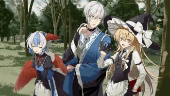 Rule 34 | 1boy, 2girls, apron, bird wings, black choker, black gloves, black necktie, black skirt, blonde hair, blue hair, bow, braid, choker, closed eyes, collared shirt, feathered wings, forest, glasses, gloves, grey hair, hair bow, hat, hat bow, head wings, highres, horns, kirisame marisa, long sleeves, morichika rinnosuke, multicolored hair, multiple girls, nature, necktie, open mouth, outdoors, rcs 4, red wings, shirt, short hair, side braid, single braid, single head wing, skirt, smile, tokiko (touhou), touhou, tree, two-tone hair, waist apron, white apron, white bow, white shirt, wide sleeves, wings, witch hat, yellow eyes