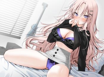 1girl absurdres arm_support bare_legs bed bed_sheet black_bra black_shirt blush bra breasts brown_hair cameltoe cleavage clothes_lift grey_skirt guitar hair_ornament hairclip highres indoors instrument large_breasts long_hair long_sleeves looking_at_viewer on_bed original panties parted_bangs purple_bra purple_eyes purple_panties shirt shirt_lift sitting skirt solo thighs underwear wariza window_blinds x_hair_ornament yoruhoshi_owl