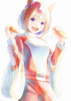 1girl absurdres animal_ears bag bow braid breasts brown_hair carrot commentary_request ear_bow ear_ribbon half_up_braid highres holding holding_bag holding_carrot horse_ears horse_girl jacket looking_at_viewer multicolored_hair open_mouth pants purple_bow purple_eyes red_jacket red_pants red_track_suit shopping_bag short_hair simple_background smile soidaizu_soy special_week_(umamusume) teeth tracen_training_uniform track_jacket track_pants track_suit two-tone_hair umamusume upper_teeth_only white_hair