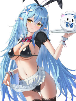 1girl absurdres ahoge animal_ears apron apron_lift bikini black_bikini blue_hair braid breasts cleavage clothes_lift colored_tips daifuku_(yukihana_lamy) elf fake_animal_ears flower frilled_cuffs frilled_sleeves frills hair_between_breasts hair_flower hair_ornament heart heart_ahoge highres hololive large_breasts latex_bikini long_hair looking_at_viewer maid maid_bikini multicolored_hair navel playboy_bunny pointy_ears rabbit_ears revision simple_background smile solo stomach swimsuit thighhighs torjun_111 tray unconventional_maid underboob virtual_youtuber white_background wrist_cuffs yellow_eyes yukihana_lamy