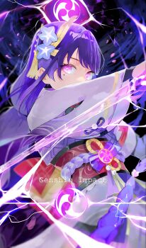 1girl absurdres arm_up back_bow blunt_bangs blurry bow braid bridal_gauntlets bug butterfly commentary_request depth_of_field electricity electro_symbol_(genshin_impact) genshin_impact glowing glowing_butterfly glowing_eyes glowing_weapon hair_between_eyes highres holding holding_sword holding_weapon insect japanese_clothes katana kimono korean_commentary long_braid long_hair long_sleeves looking_at_viewer looking_to_the_side mitsudomoe_(shape) mole mole_under_eye musou_isshin_(genshin_impact) niri_(eunhaha02) powering_up purple_eyes purple_hair purple_kimono raiden_shogun red_sash ribbon sash single_braid solo storm sword tomoe_(symbol) upper_body weapon wide_sleeves