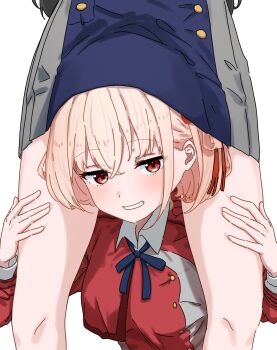 Rule 34 | 2girls, between legs, blonde hair, blue dress, blue ribbon, blush, buttons, commentary request, crossed bangs, dress, female pervert, grin, hair between eyes, hair ribbon, hands on another's thighs, head between thighs, head under skirt, highres, inoue takina, long sleeves, looking at viewer, lower body, lycoris recoil, lycoris uniform, multiple girls, neck ribbon, nishikigi chisato, one side up, pervert, red dress, red eyes, red ribbon, ribbon, short hair, simple background, smile, smug, solo focus, thighs, upper body, upskirt, uzuraa, view between legs, white background