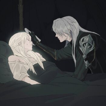 1boy 1girl absurdres armor bare_shoulders black_armor black_background black_gloves blonde_hair closed_eyes dress gloves grey_hair hair_between_eyes hair_over_eyes highres ladxena looking_at_another love_and_deepspace off-shoulder_dress off_shoulder official_alternate_costume official_alternate_hairstyle protagonist_(love_and_deepspace) shoulder_armor sweatdrop under_covers upper_body white_dress wiping_sweat xavier_(love_and_deepspace)