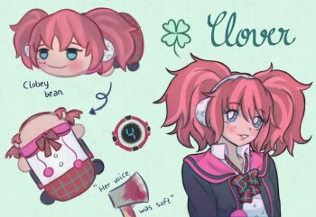 1girl aqua_eyes axe blood_on_axe breasts chibi clover collarbone collared_shirt earmuffs facial_mark faux_retro_artstyle four-leaf_clover gaulemtypefemale green_background gyaru jacket kyokugen_dasshutsu kyokugen_dasshutsu:_9_jikan_9_nin_9_no_tobira medium_breasts neck_ribbon open_clothes open_jacket pink_hair pom_pom_(clothes) ribbon shirt solo twintails upper_body yotsuba_(kyokugen_dasshutsu)