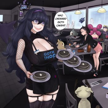 1boy 6+girls absurdres alternate_breast_size_(larger) asymmetrical_hair bags_under_eyes banette black_jacket breasts brown_hair chandelure cleavage cleavage_cutout clothing_cutout dawn_(pokemon) diner dismaiden dress duskull english_text fantina_(pokemon) femboy_hooters_(meme) fishnets food gen_1_pokemon gen_3_pokemon gen_5_pokemon gen_7_pokemon gen_8_pokemon gengar goth_fashion gym_leader hairband haunter hex_maniac_(pokemon) hex_maniac_(pokemon_xy) highres hilda_(pokemon) huge_breasts ihop indoors jacket marnie_(pokemon) may_(pokemon) meme mimikyu morpeko morpeko_(full) morty_(pokemon) multiple_girls nintendo npc_trainer pancake pink_dress pokemon pokemon_bw pokemon_dppt pokemon_hgss pokemon_rse pokemon_swsh pokemon_xy purple_eyes purple_hair purple_hairband restaurant shuppet sitting skirt smile speech_bubble standing waitress window
