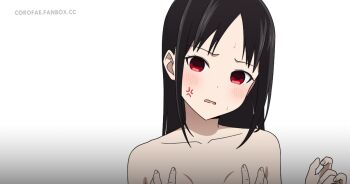 1girl alternate_hairstyle black_hair blush breasts collarbone coro_fae grabbing_another&#039;s_breast groping kaguya-sama_wa_kokurasetai_~tensai-tachi_no_renai_zunousen~ long_hair nude open_mouth parted_bangs portrait shinomiya_kaguya simple_background small_breasts solo_focus watermark web_address white_background