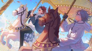 2boys :d ahoge amusement_park aotsuki_eito balloon black_gloves black_pants black_streaks box_galaxy breast_pocket carousel closed_eyes commentary dutch_angle ferris_wheel glasses gloves grey_hair grey_jacket highres holding holding_pole hood hooded_jacket hoodie horse jacket jacket_over_hoodie looking_ahead male_focus multicolored_hair multiple_boys open_clothes open_jacket open_mouth pants pocket pole purple_eyes red_hair short_hair smile streaked_hair sumino_takumi symbol-only_commentary the_hundred_line_-last_defense_academy- white_hoodie white_horse white_jacket white_pants