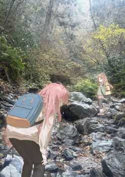 Rule 34 | 2girls, absurdres, backpack, bag, bang dream!, bang dream! it's mygo!!!!!, black pants, brown hair, chihaya anon, chinese commentary, commentary request, commission, green jacket, head wings, heavy breathing, highres, jacket, long hair, multiple girls, nagasaki soyo, outdoors, pants, photo (medium), pink hair, sao7, school uniform, white jacket, wings