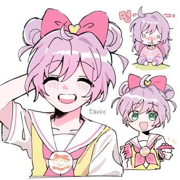 1girl :d ^_^ ahoge arm_behind_head baga_(vmffkd10) blush bow chibi closed_eyes commentary_request cropped_torso double_bun green_eyes hair_between_eyes hair_bow hair_bun hair_down heart highres korean_commentary looking_at_viewer manaka_laala manaka_laala_(normal) messy_hair multiple_expressions multiple_views neckerchief nose_blush open_mouth paprika_private_academy_school_uniform pink_bow pink_neckerchief pretty_series pripara priticket purple_hair school_uniform scratching_head shirt short_hair short_sleeves simple_background smile translation_request upper_body white_background white_shirt