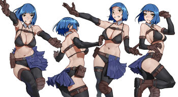 1girl armpit_crease ass back bare_shoulders belt belt_pouch bikini bikini_top_only black_bikini black_gloves blue_hair boots breasts brown_belt brown_boots brown_gloves commentary detached_collar elbow_gloves feet_out_of_frame floating_hair gloves highres knee_up large_breasts leg_wrap looking_at_viewer multiple_views navel original pouch short_hair simple_background smile standing stomach swimsuit tbocart white_background yellow_eyes