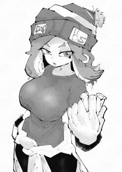 1girl absurdres beanie breasts clothes_around_waist commentary commission cowboy_shot english_commentary greyscale hand_up hat highres holding holding_test_tube large_breasts looking_at_viewer medium_hair miregeist monochrome nintendo octoling octoling_girl octoling_player_character open_mouth original shirt simple_background solo splatoon_(series) tentacle_hair test_tube tsurime white_background