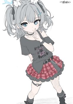1girl :/ absurdres aged_down alternate_costume alternate_hairstyle animal_ear_fluff animal_ears arm_behind_back aurelia88 belt belt_buckle black_belt black_boots black_bow black_bra black_choker black_ribbon black_shirt black_socks blue_archive blue_eyes blue_halo blush boots bow bra bra_strap breasts bright_pupils buckle chain choker closed_mouth clothing_cutout collarbone commentary cross_hair_ornament dot_nose double-parted_bangs dutch_angle ear_piercing earrings english_commentary frilled_skirt frills from_above full_body grey_hair hair_between_eyes hair_bow hair_ornament hair_ribbon halo hand_up heart heart-shaped_buckle heart_choker heterochromia highres index_finger_raised jewelry layered_skirt loli lollipop_in_mouth looking_at_viewer medium_hair mismatched_pupils off_shoulder parody piercing plaid_clothes plaid_skirt print_shirt red_skirt ribbon shadow shiroko_(blue_archive) shirt shirt_partially_tucked_in short_sleeves shoulder_cutout sidelocks signature simple_background single_bare_shoulder skirt small_breasts socks solo standing style_parody t1kosewad_(style) thigh_strap thighs twintails two_side_up underwear white_background white_pupils wolf_ears wolf_girl wrist_cuffs