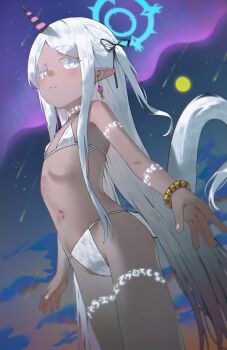 1girl absurdres armlet aurora bare_shoulders beads bikini black_ribbon blush bracelet closed_mouth colored_eyelashes cowboy_shot dark-skinned_female dark_skin earrings flat_chest glowing glowing_tattoo gold_bracelet grey_eyes hair_ribbon halo highres horns jewelry loli long_hair looking_at_viewer merong_(sou47897) meteor_shower navel night night_sky one_side_up original outdoors parted_bangs pointy_ears ribbon shooting_star single_horn sky solo stomach swimsuit tail tattoo unicorn_girl unicorn_horn very_long_hair white_bikini white_eyelashes white_eyes white_hair