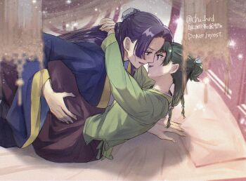 1boy 1girl arms_around_neck beads black_skirt blue_ribbon blue_robe blush bun_cover chii_(chi_hrd) chinese_clothes couple curtains green_hair green_shirt hair_beads hair_bun hair_ornament hair_ribbon half_updo hetero highres imminent_kiss jinshi_(kusuriya_no_hitorigoto) kusuriya_no_hitorigoto maomao_(kusuriya_no_hitorigoto) on_bed parted_bangs parted_lips pillow purple_hair ribbon robe shirt sidelocks skirt sweat twitter_username