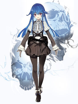 Rule 34 | 1girl, black dress, black shoes, black skirt, blue hair, blush, dress, eyebrows hidden by hair, full body, highres, long hair, looking at viewer, nyoro (nyoronyoro000), open mouth, original, pink eyes, pouch, ribs, shirt, shoes, skeleton, skirt, skull, smile, solo, thigh pouch, walking, white shirt