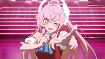 Rule 34 | 1girl, ;d, aemeath (wuthering waves), ahoge, alternate costume, anime coloring, ascot, bare shoulders, blue ascot, bright pupils, chinese commentary, commentary request, cosplay, crossed bangs, derivative work, detached sleeves, foreshortening, hair ornament, halo, halo behind head, high ponytail, highres, holding, holding microphone, hoshino ai, hoshino ai (cosplay), idol, idol clothes, light blush, long hair, looking at viewer, microphone, one eye closed, open mouth, orange eyes, oshi no ko, outstretched arm, pink background, pink hair, pointing, pointing at viewer, ponytail, puffy detached sleeves, puffy sleeves, red shirt, shirt, short sleeves, sleeveless, sleeveless shirt, smile, solo, stage, stage lights, star-shaped pupils, star (symbol), straight-on, symbol-shaped pupils, trait connection, upper body, white halo, white pupils, white sleeves, wing collar, wuthering waves, xi xi buxiang shui dajie